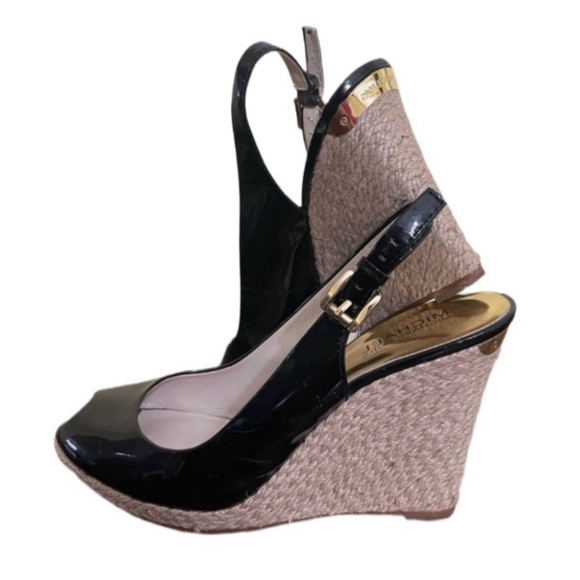 Michael Kors Shoes - MICHAEL KORS Black Patent Leather Peep Toes Wedge Shoes